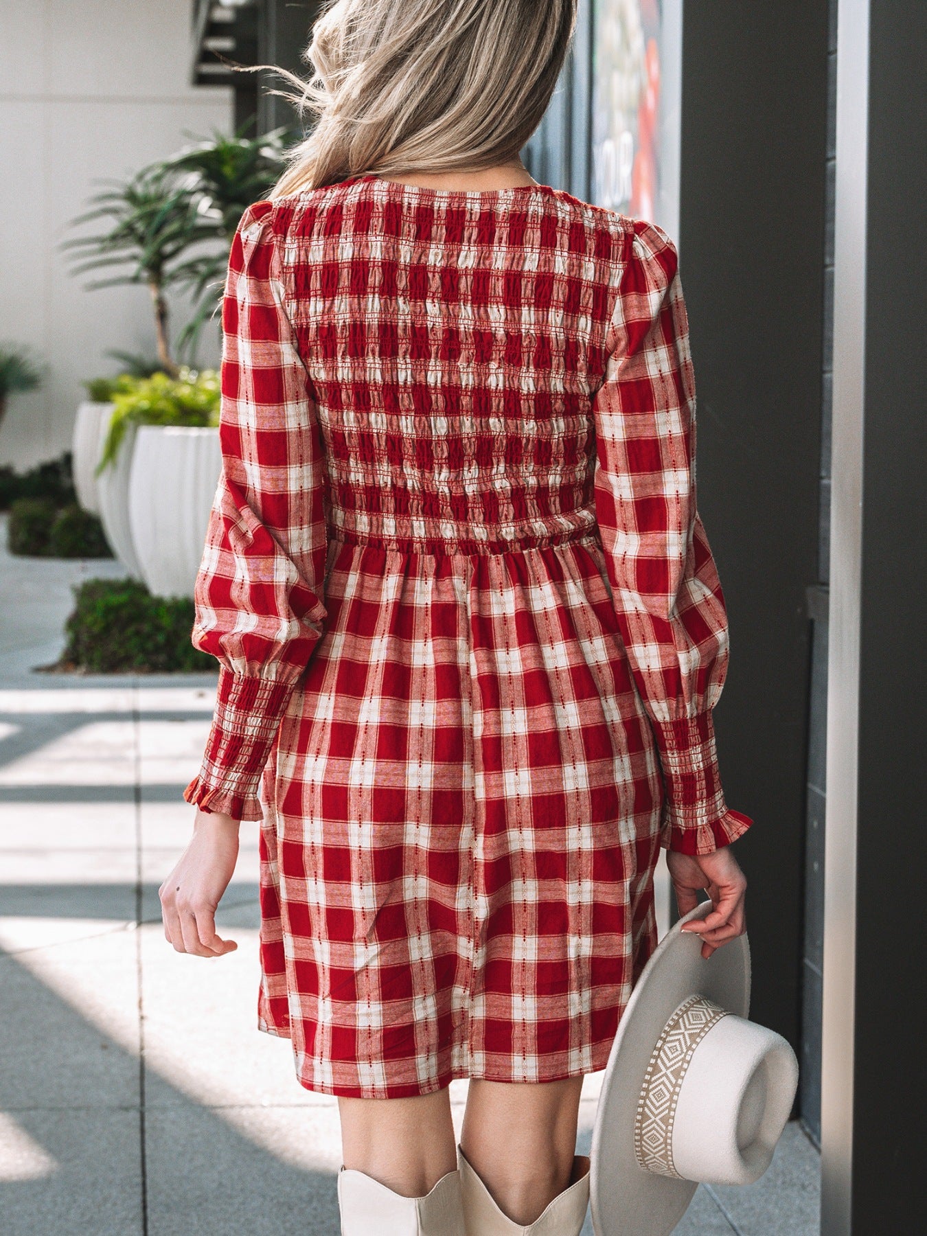 Plaid Smocked Puff Sleeve Mini Dress Flowy Casual Fall Dress Scarlet / S Plaid Smocked Puff Sleeve Mini Dress Flowy Casual Fall Dress Scarlet / S