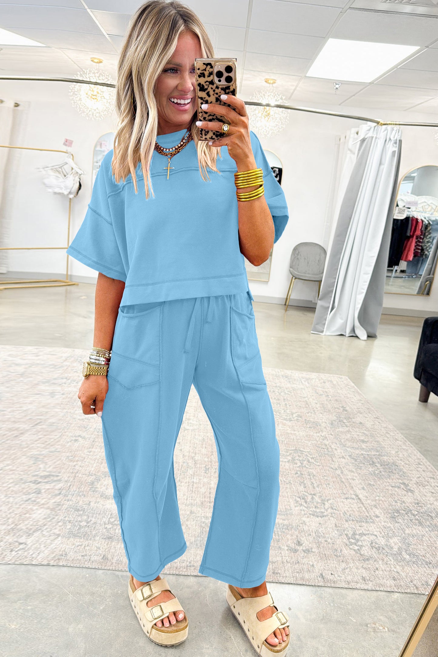 Sky Blue Drop Shoulder Boxy Tee and Barrel Pants Set