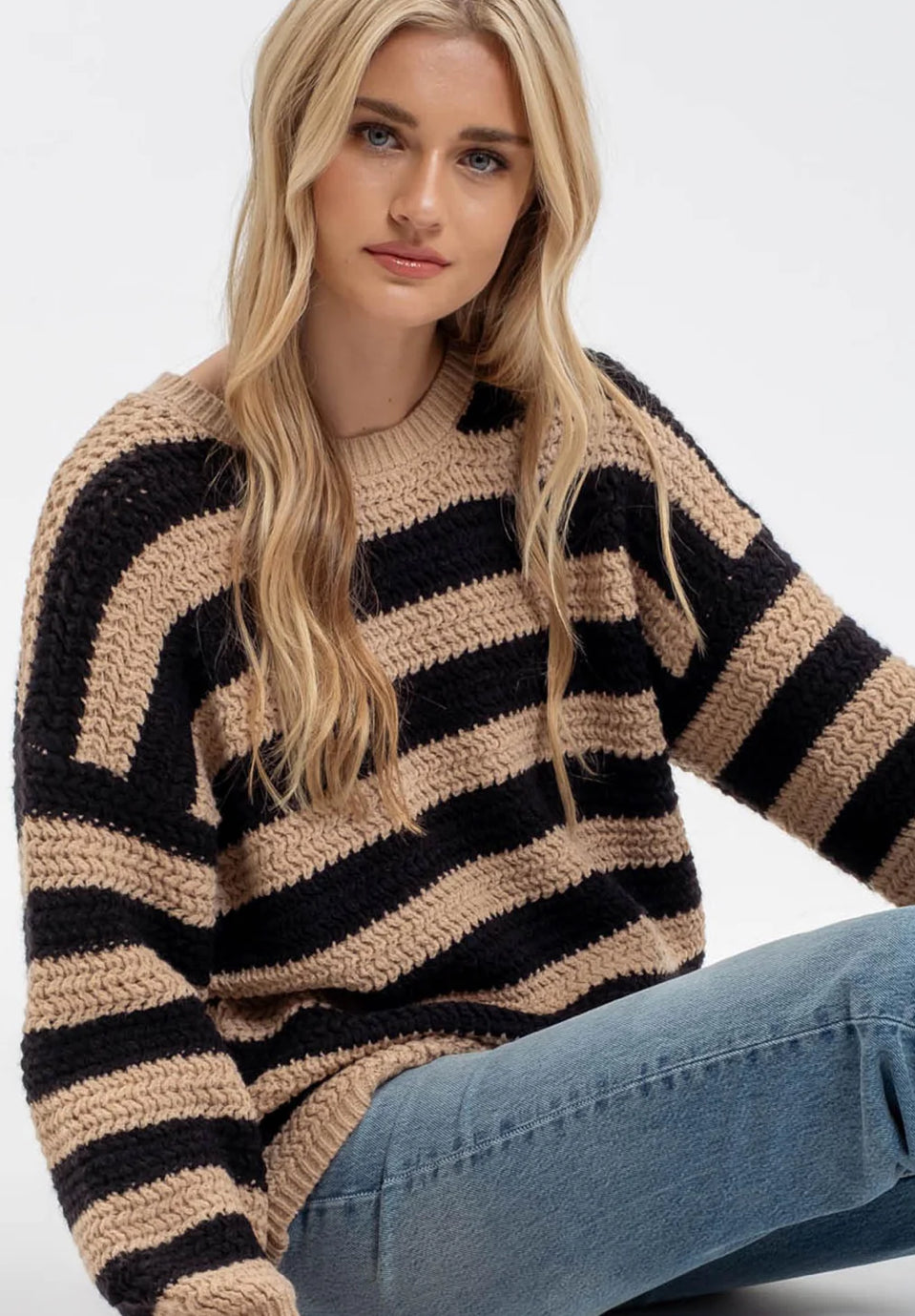 Taupe and Black Stripe Long Sleeve Knit Pullover