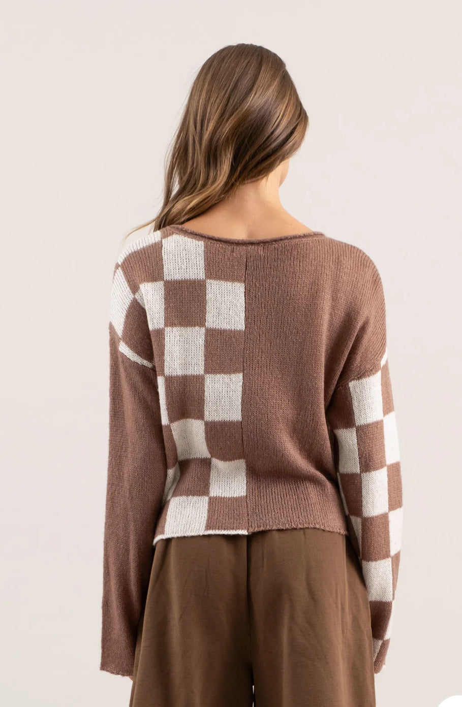 Mocha Colorblock Checkered Knit Sweater