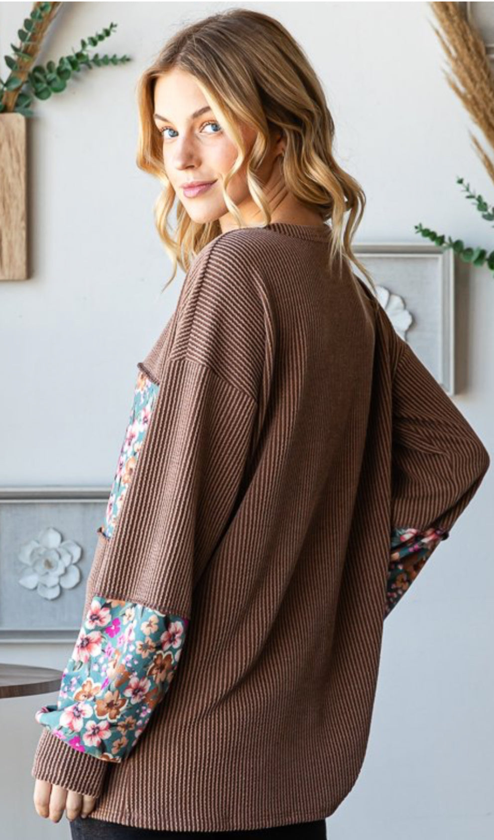 Heimish Camel Ribbed Solid Floral Long Sleeve Top