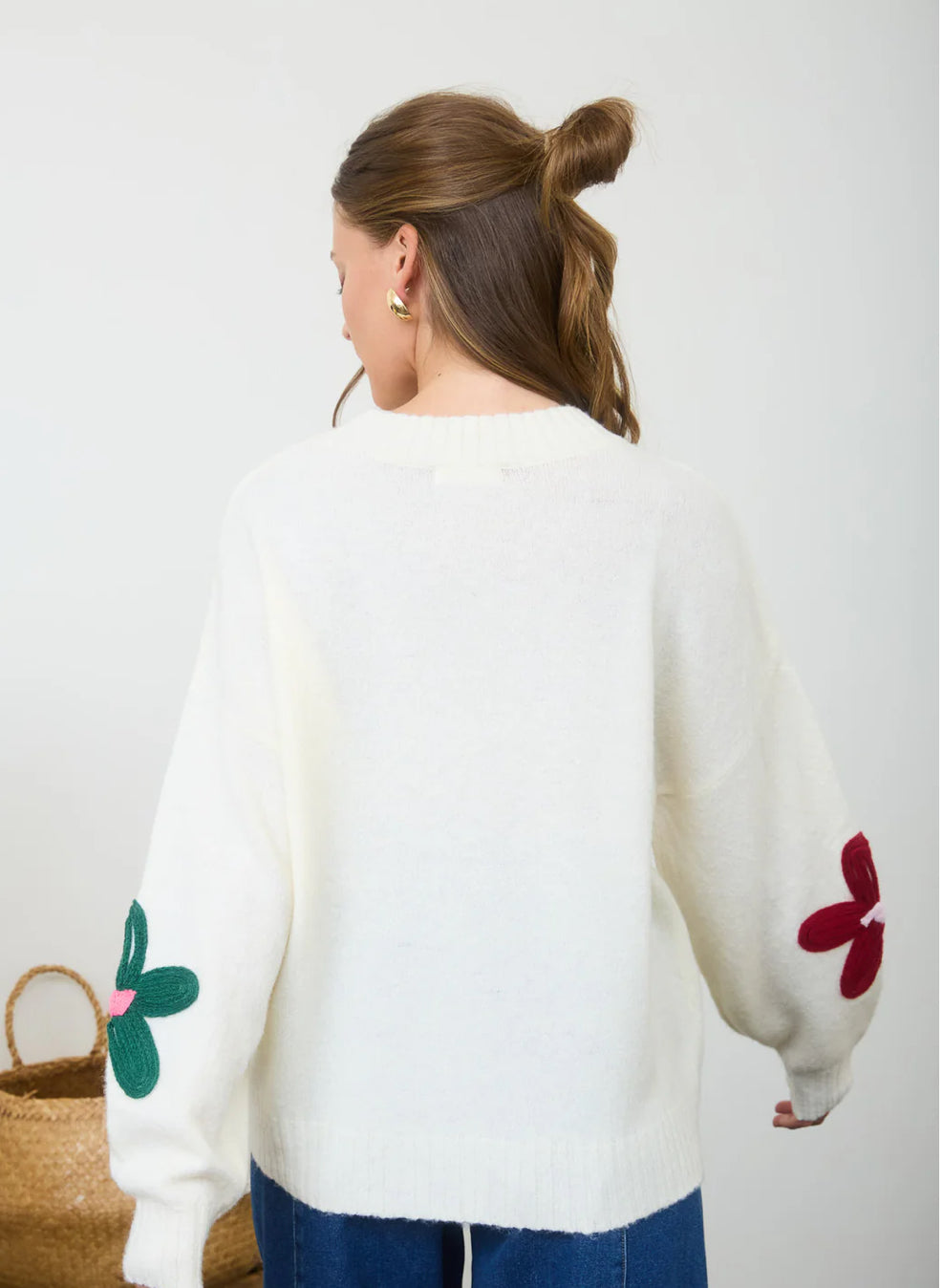 White Knit Sweater With Multi-colored Crochet Flowers