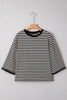 Black Striped Print Drop Shoulder Lace Trim Bracelet Sleeve Loose Top