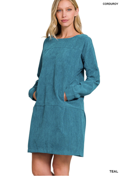 Teal Corduroy Mini Dress