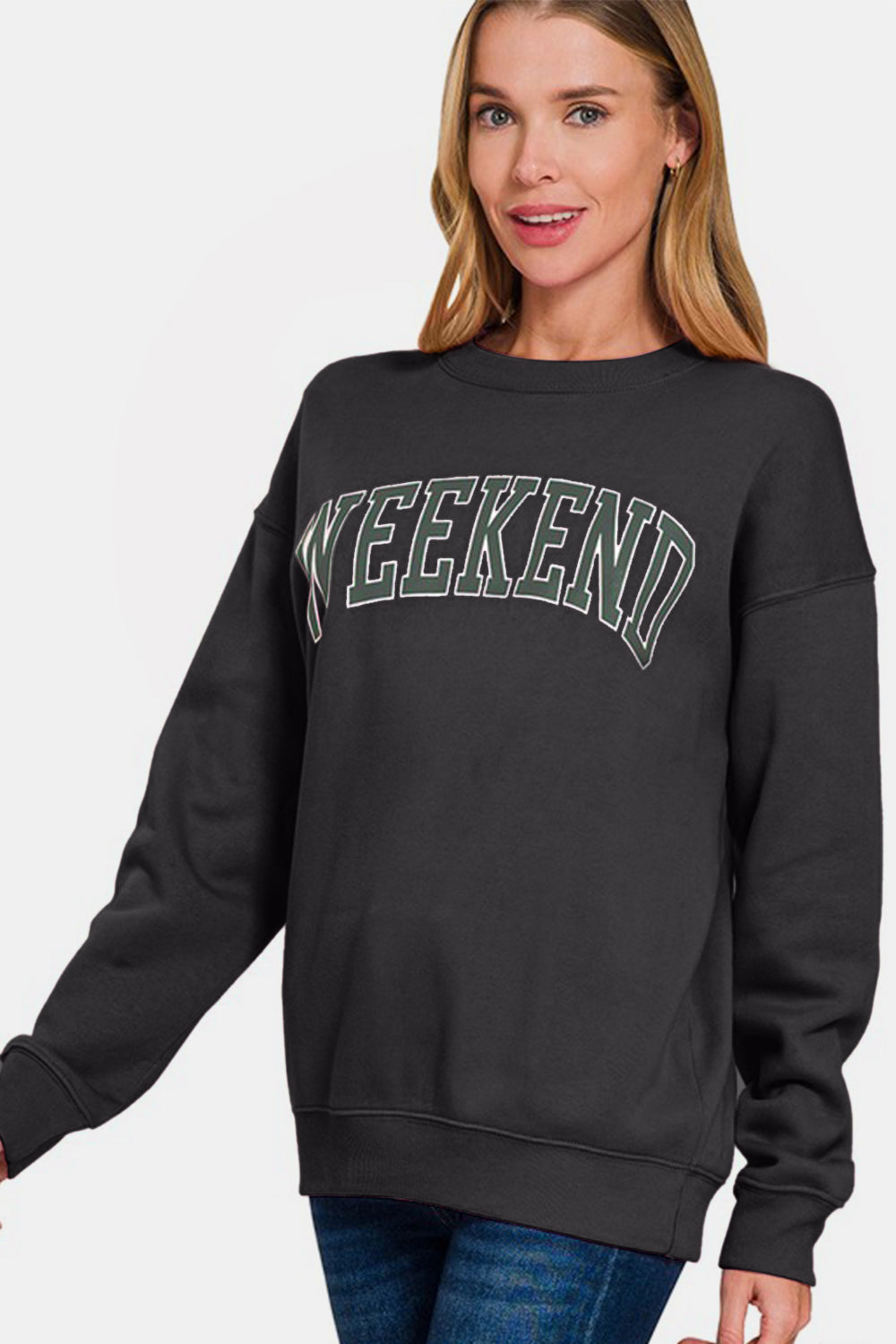 Zenana WEEKEND Round Neck Dropped Shoulder Sweatshirt