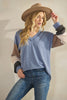 Heimish Blue Ribbed V-neck Color-block Long Sleeve Top