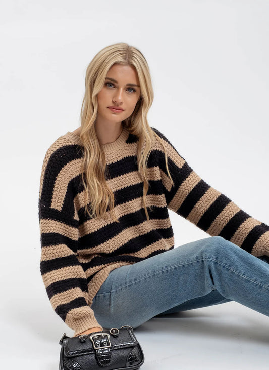Taupe and Black Stripe Long Sleeve Knit Pullover