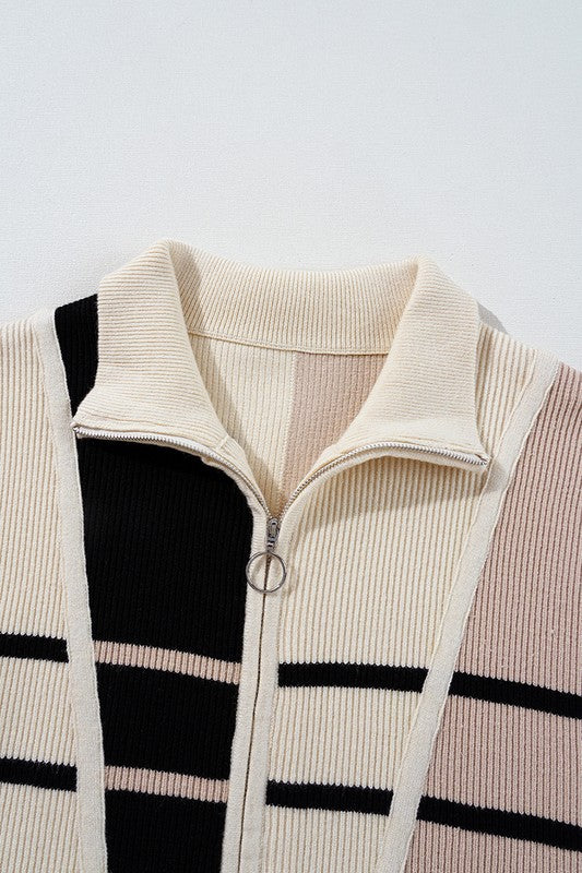 Stripe Color Block Zip Short Sleeve Sweater Dress