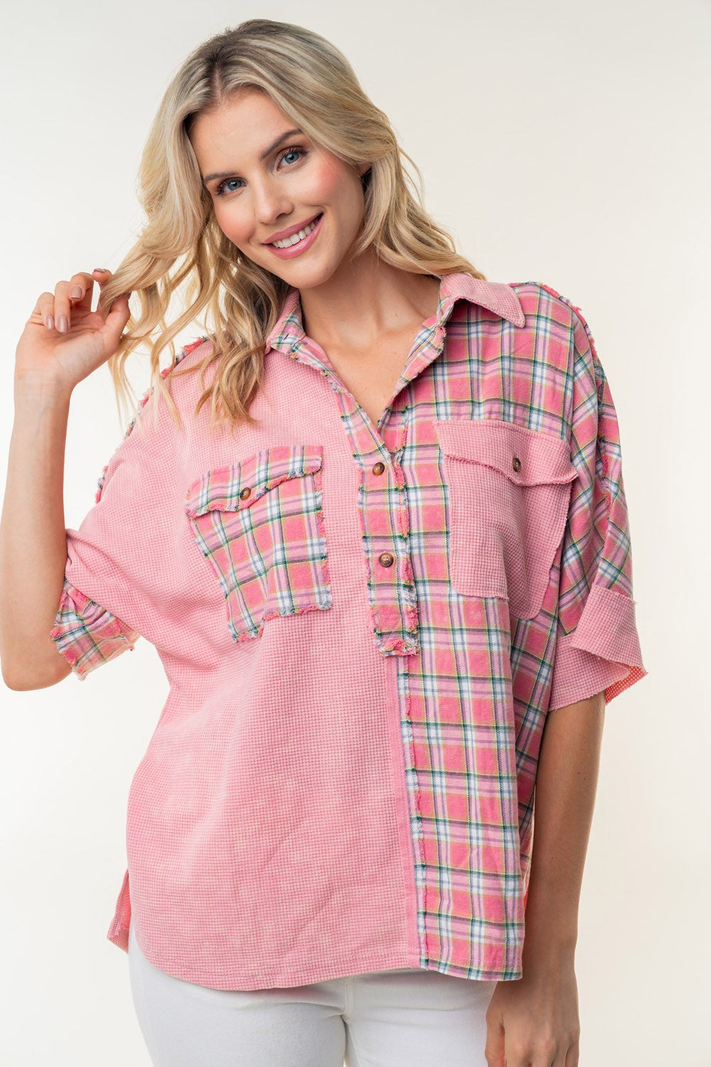 White Birch Plaid Color Block Half Button Top