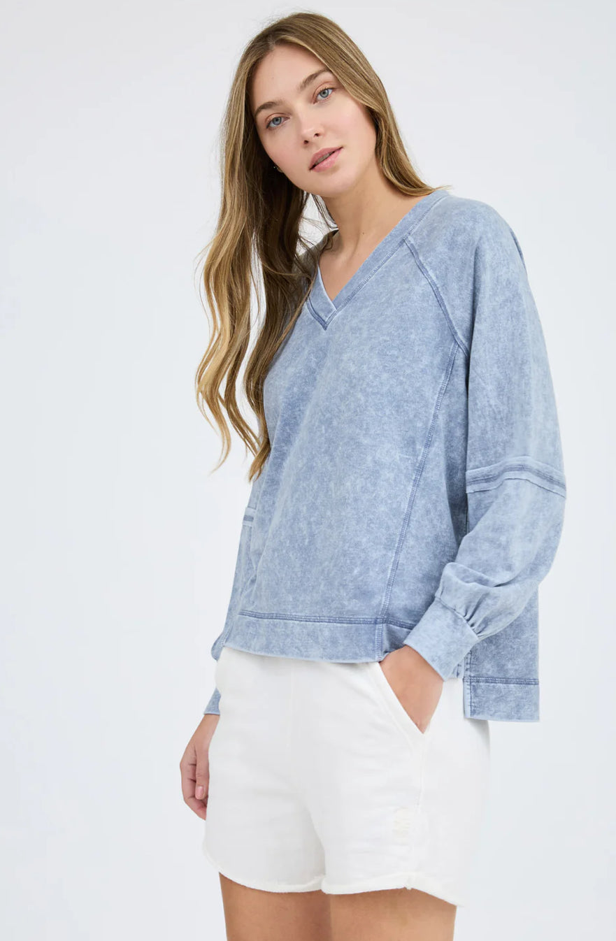 Indigo Washed V-neck Long Sleeve Top