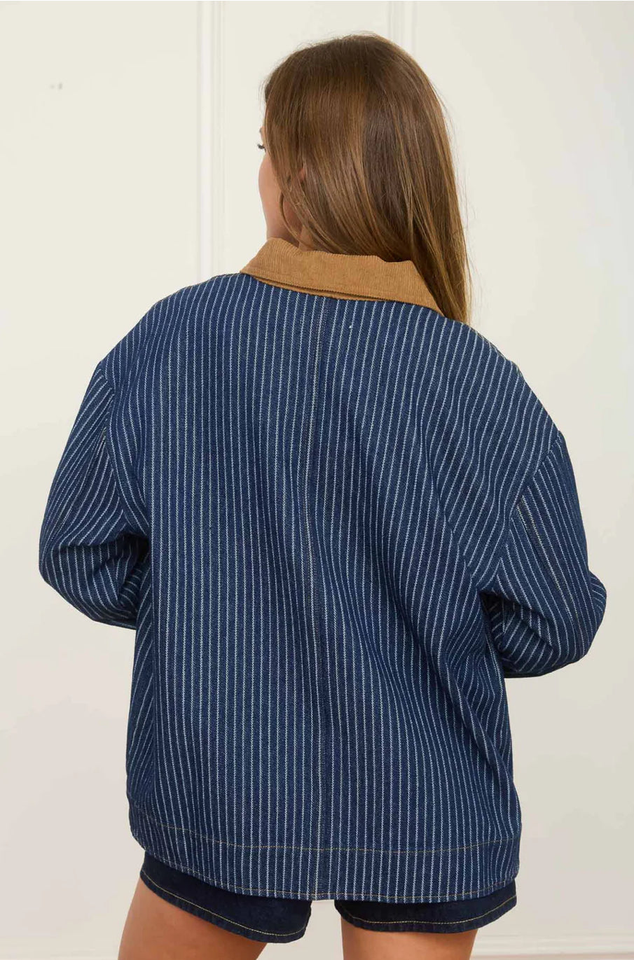 Stripe Denim Jacket With Corduroy Collar
