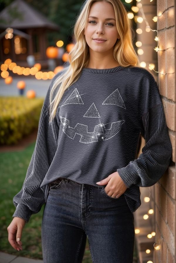 Heimish Black Pumpkin Rhinestoned Ribbed Long Sleeve Top