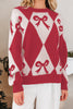 Red Bow Print 2-tone Rhombus Knit Loose Sweater