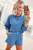 Blue Stripe Drop Shoulder Long Sleeve Pullover Elastic Waist Casual Short Set