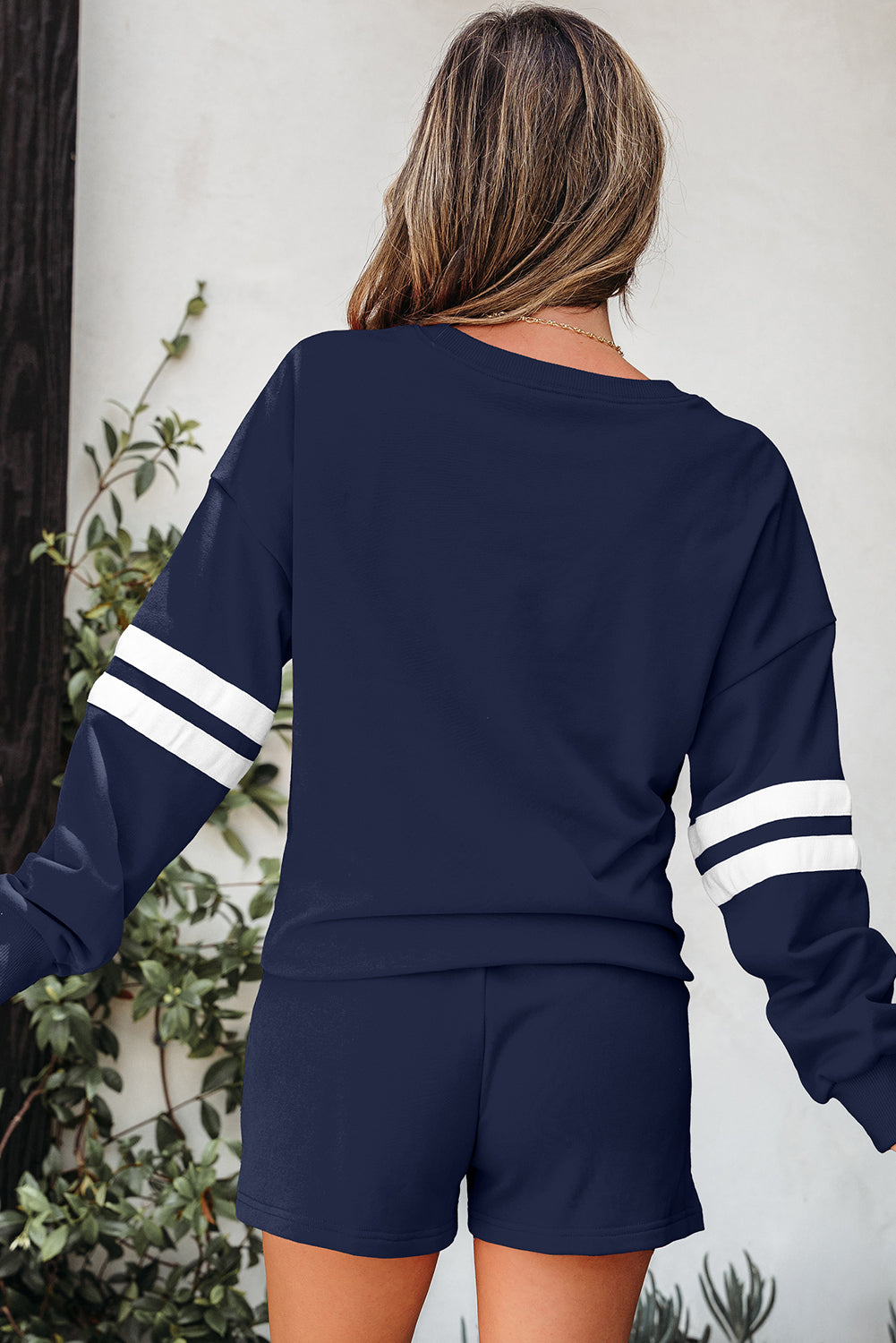 Navy Blue Varsity Striped Sleeve Drop Shoulder Sweatshirt and Short Set