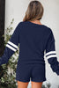 Navy Blue Varsity Striped Sleeve Drop Shoulder Sweatshirt and Short Set