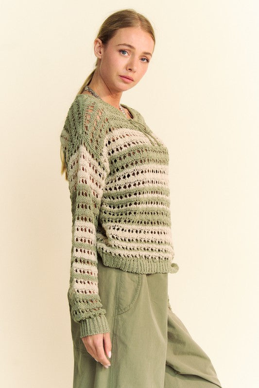 Davi & Dani Contrast Striped Crochet Drop Shoulder Knit Cover Up