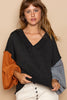 POL Exposed Seam Roll Edge Color Block V Neck Sweater