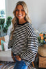 Black Striped Print Drop Shoulder Lace Trim Bracelet Sleeve Loose Top