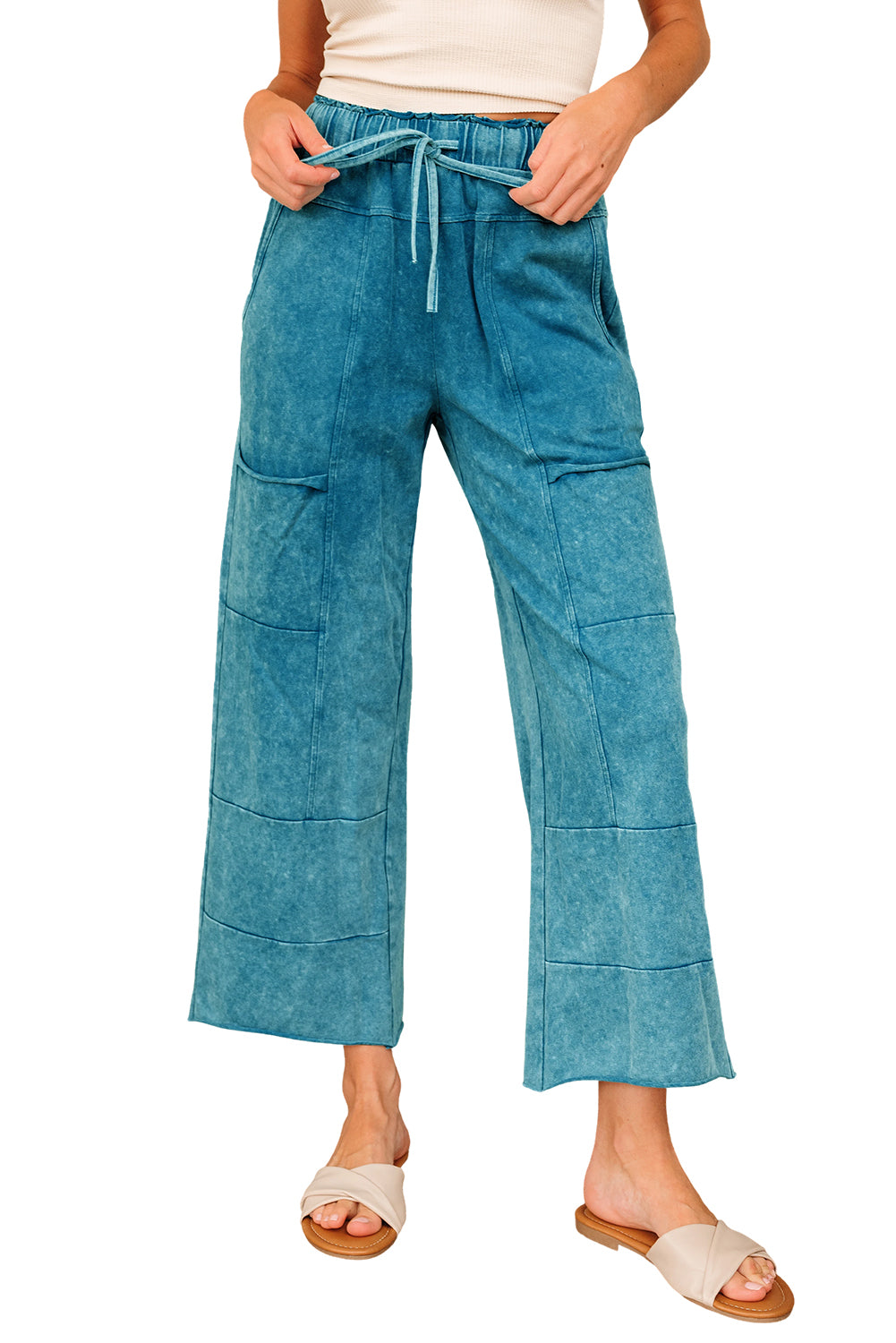 Medium Grey Mineral Wash Lace-up High Waist Raw Hem Patched Pocket Pants