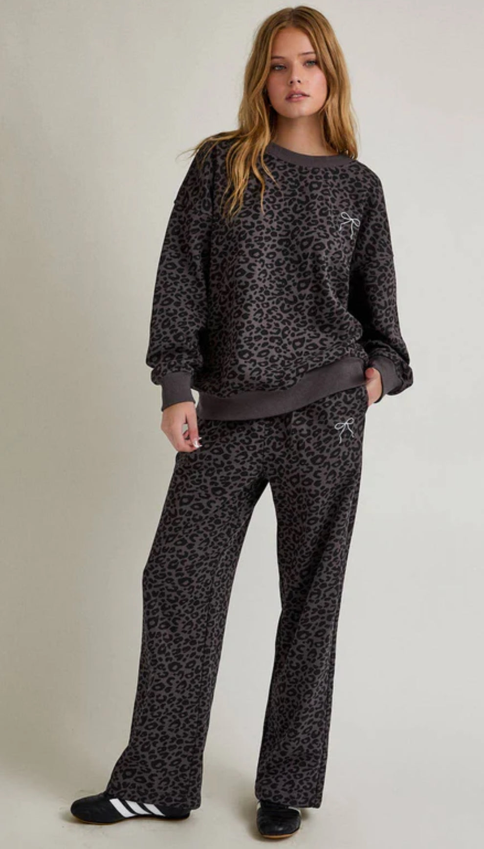 Charcoal Black Animal Print Crew Neck Washed Sweatshirt