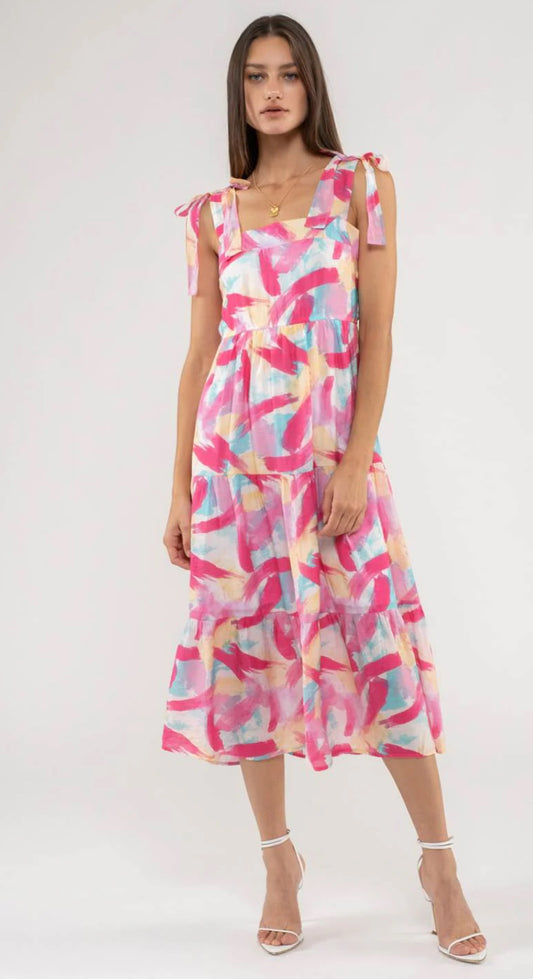 Fuschia Multicolored Printed Midi Dress