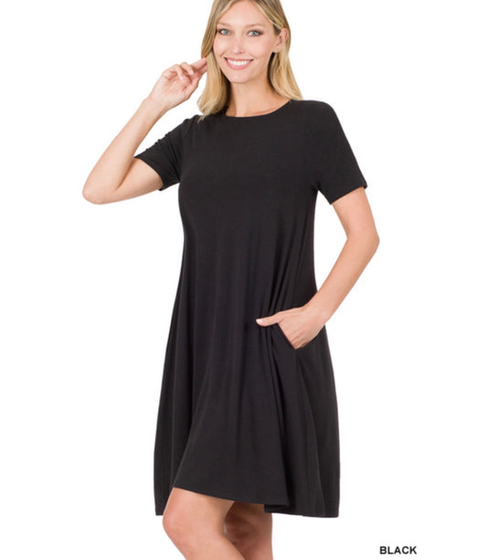 Black Short Sleeve Dress With Side Pockets