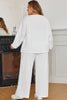 White Textured Raw Seam Plus Size Pullover Top and Drawstring Pants Set