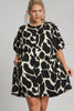 Umgee Full Size Two Tone Abstract Print Puff Sleeve Dress Plus Size