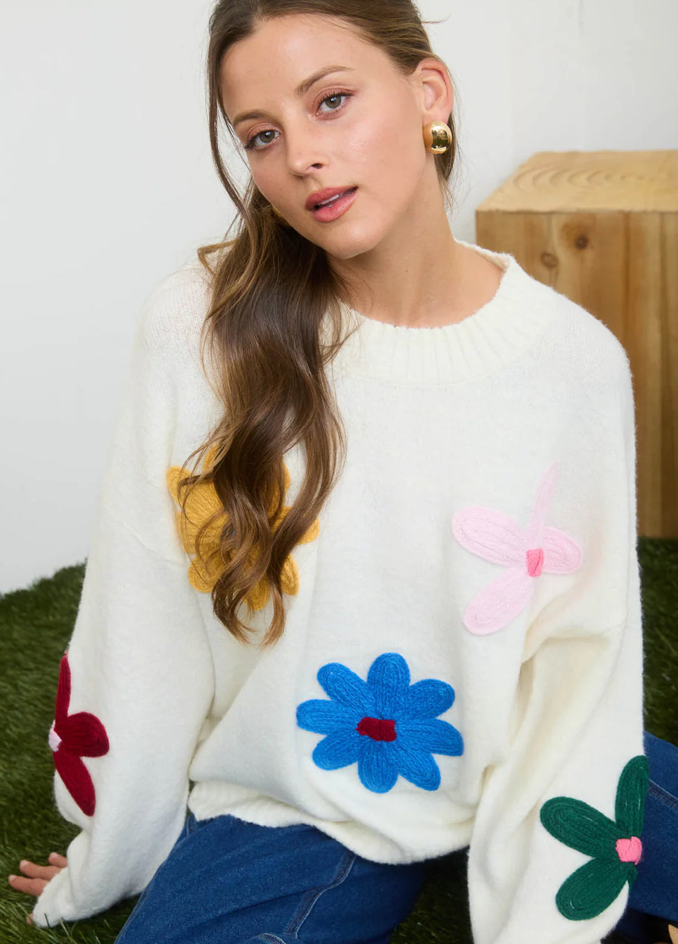 White Knit Sweater With Multi-colored Crochet Flowers