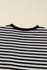 Black Striped Print Drop Shoulder Lace Trim Bracelet Sleeve Loose Top