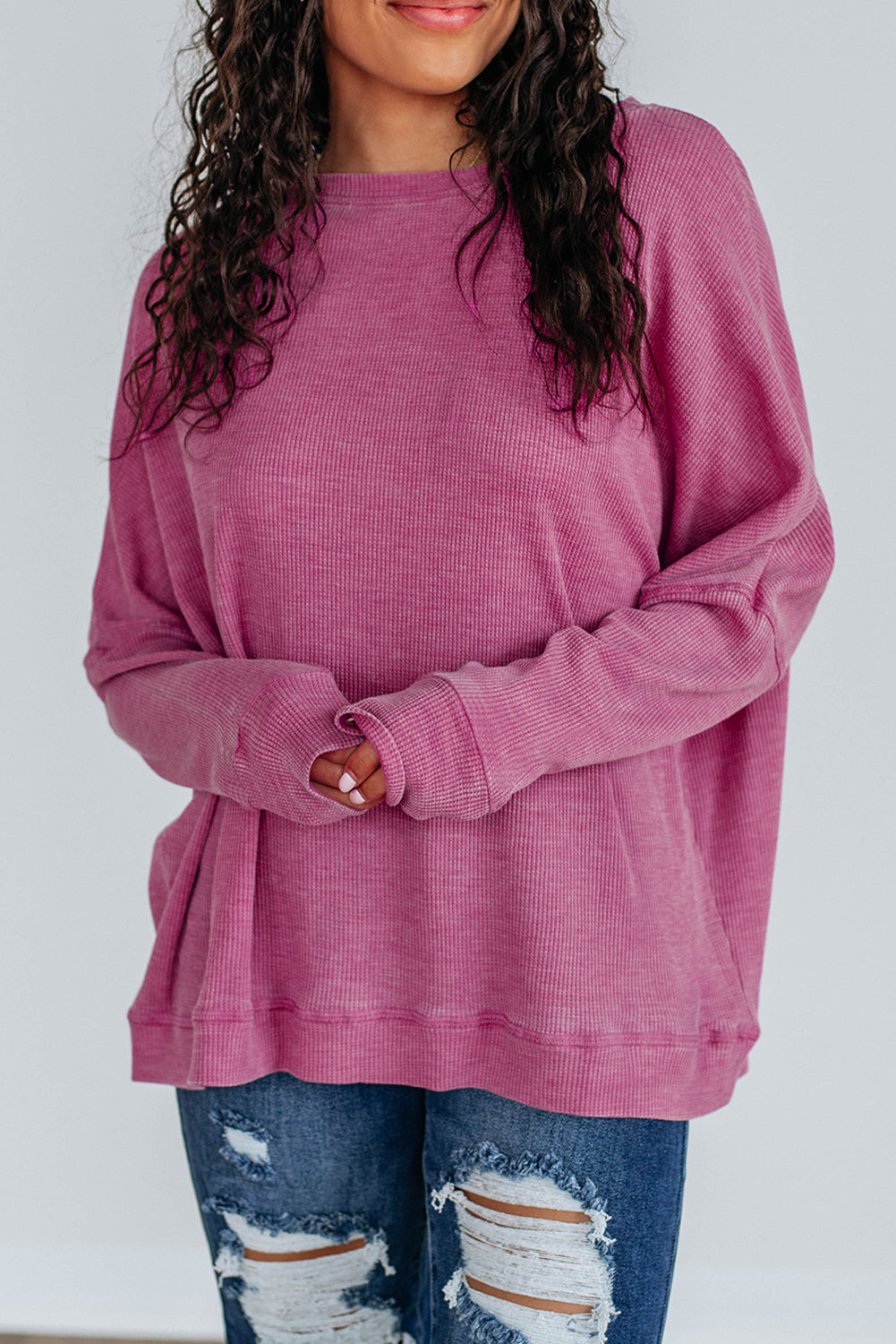 Mist Green Waffle Knit Patchwork Long Sleeve Loose Top