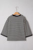 Black Striped Print Drop Shoulder Lace Trim Bracelet Sleeve Loose Top