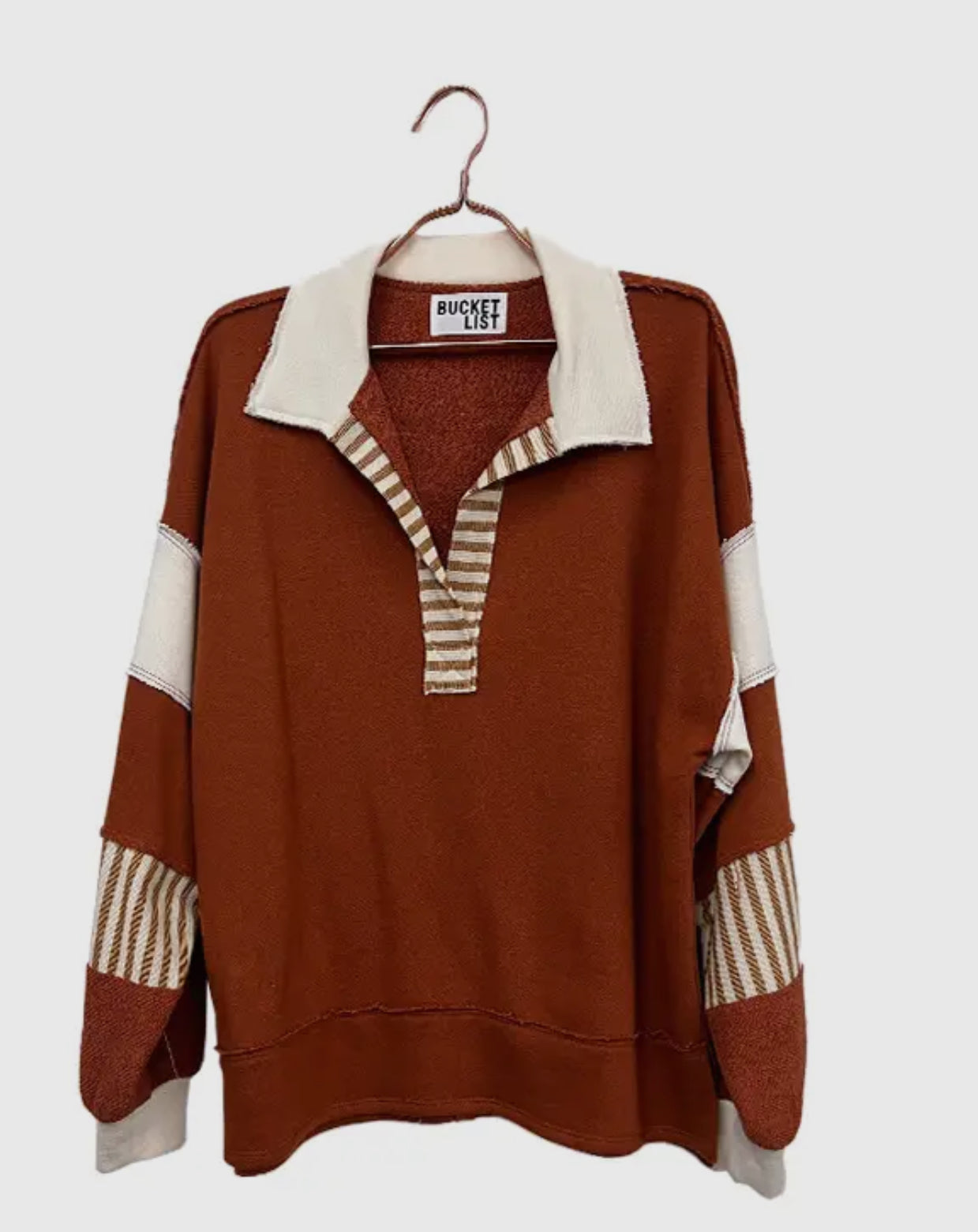 Rust French Terry Colorblock Collared Pullover