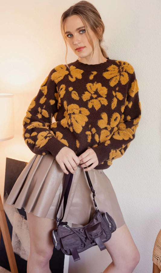 Two-Tone Brown Floral Terry Sweater