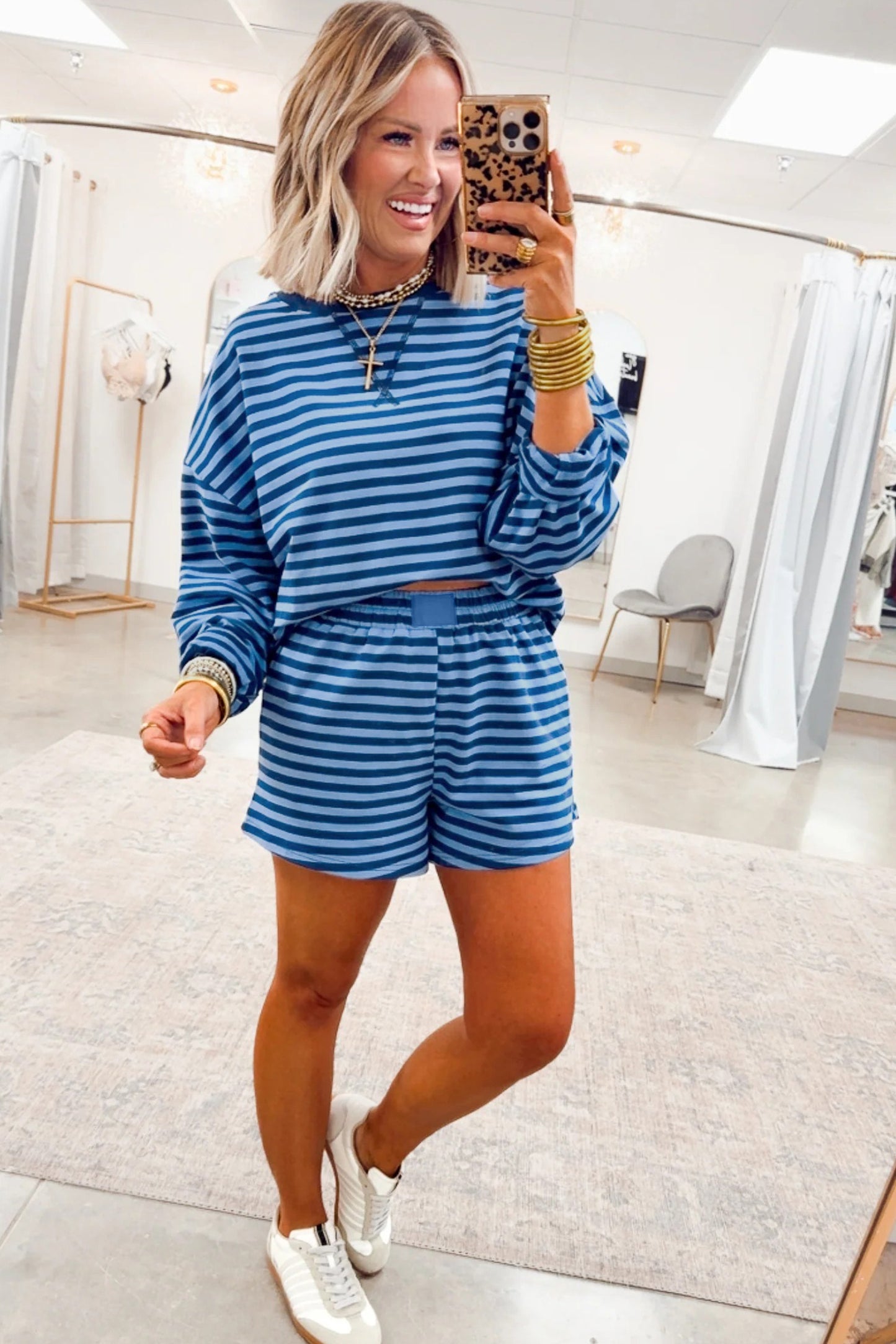 Blue Stripe Drop Shoulder Long Sleeve Pullover Elastic Waist Casual Short Set