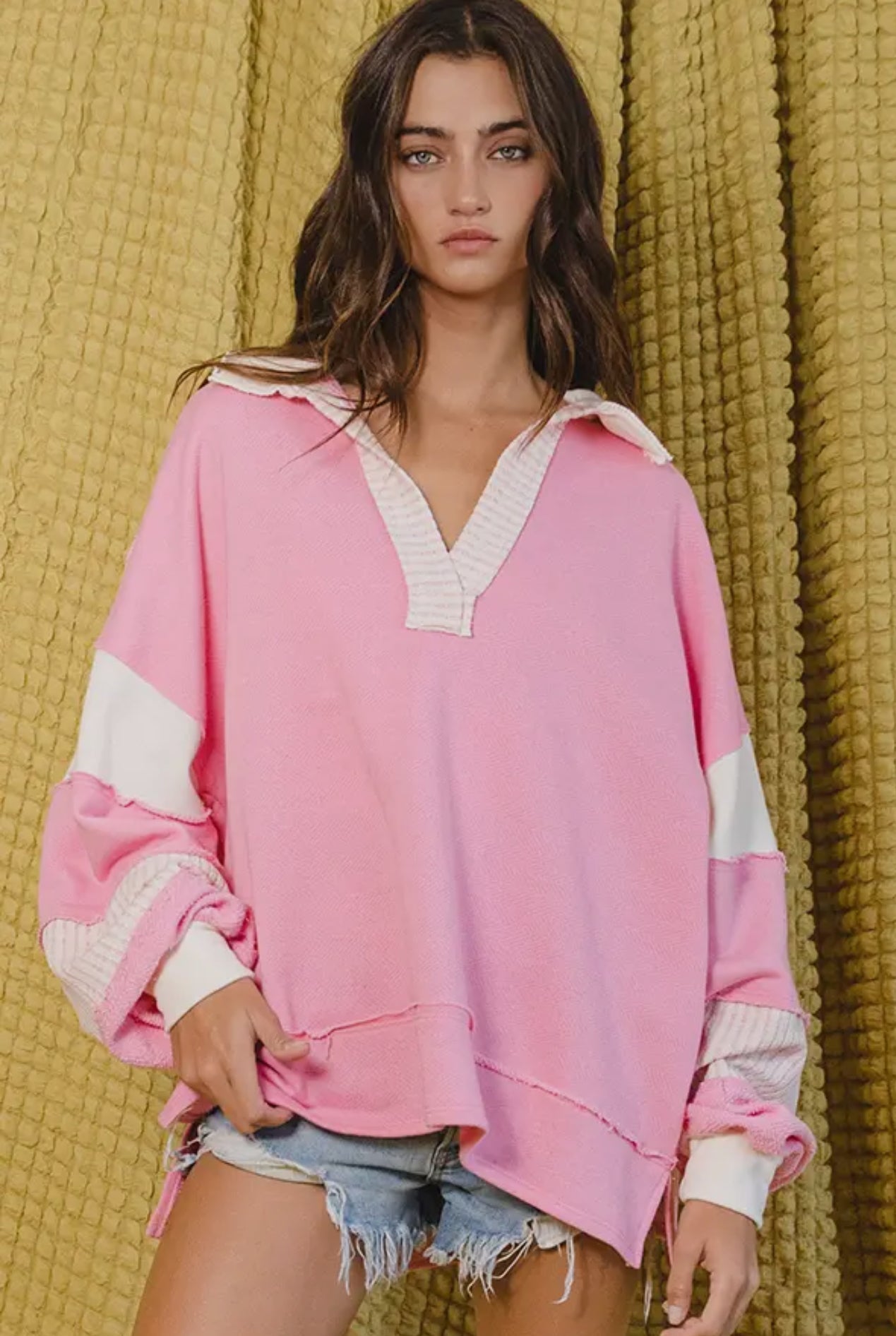 Pink French Terry Colorblock Collared Pullover