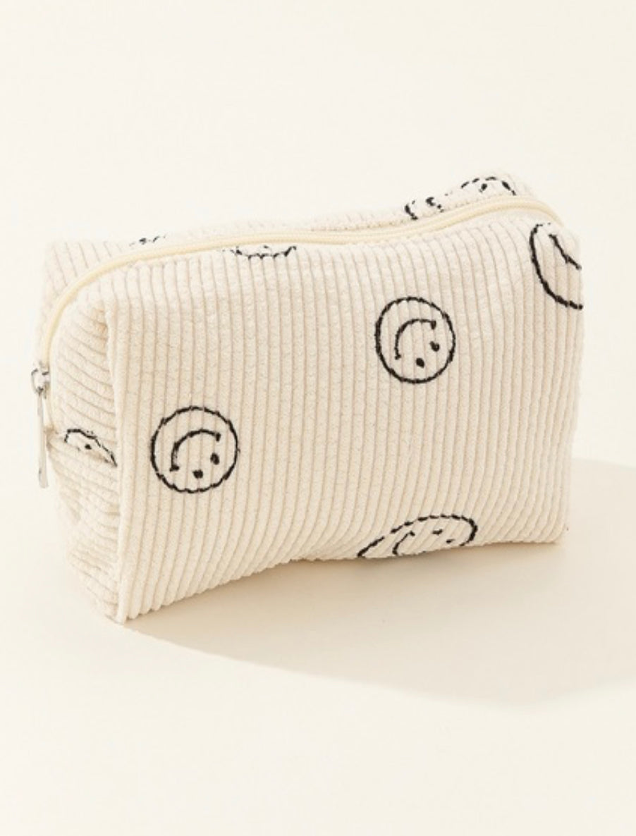 Smiley Face Corduroy Cosmetic Pouch Bag