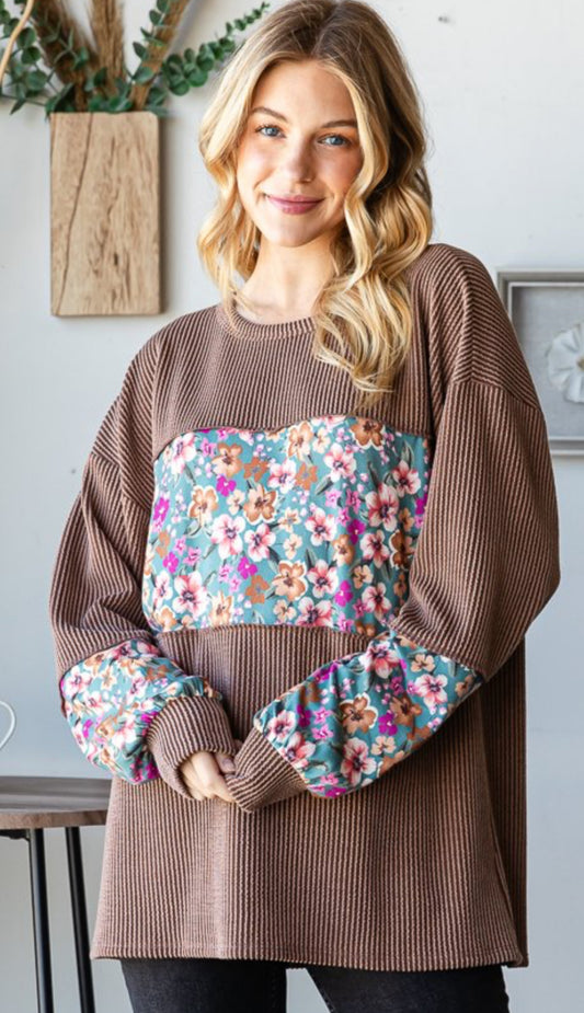 Heimish Camel Ribbed Solid Floral Long Sleeve Top