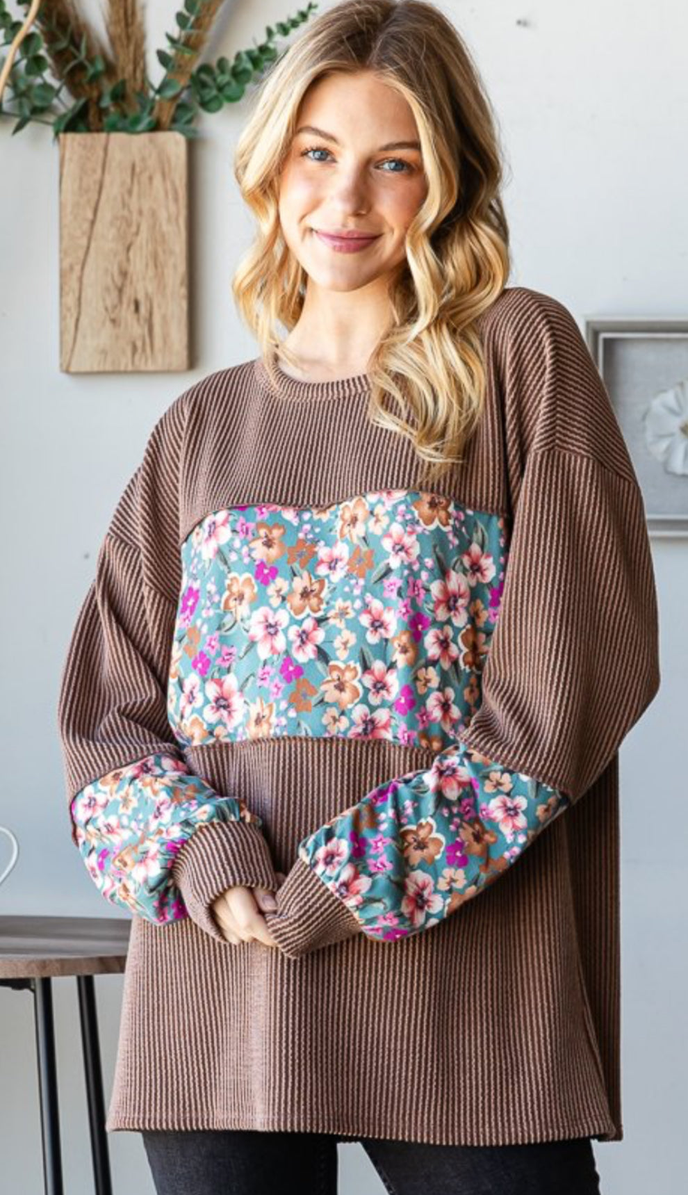 Heimish Camel Ribbed Solid Floral Long Sleeve Top