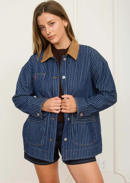 Stripe Denim Jacket With Corduroy Collar