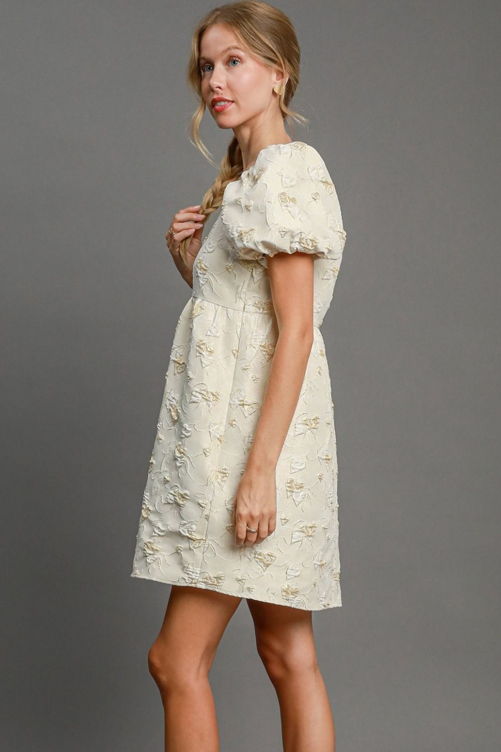 Umgee Heart Jacquard Square Neck Puff Sleeve Mini Dress