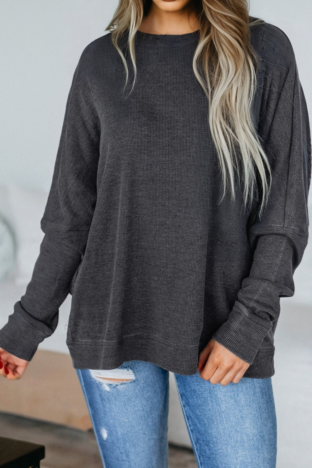 Mist Green Waffle Knit Patchwork Long Sleeve Loose Top
