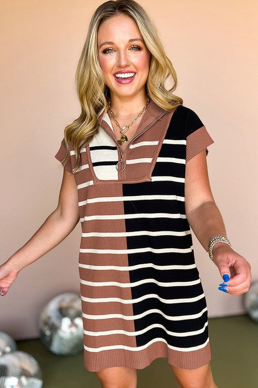 Stripe Color Block Zip Short Sleeve Sweater Dress