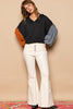 POL Exposed Seam Roll Edge Color Block V Neck Sweater