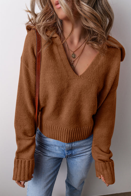 Chestnut Collared V Neck Ribbed Edge Sweater