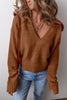 Chestnut Collared V Neck Ribbed Edge Sweater