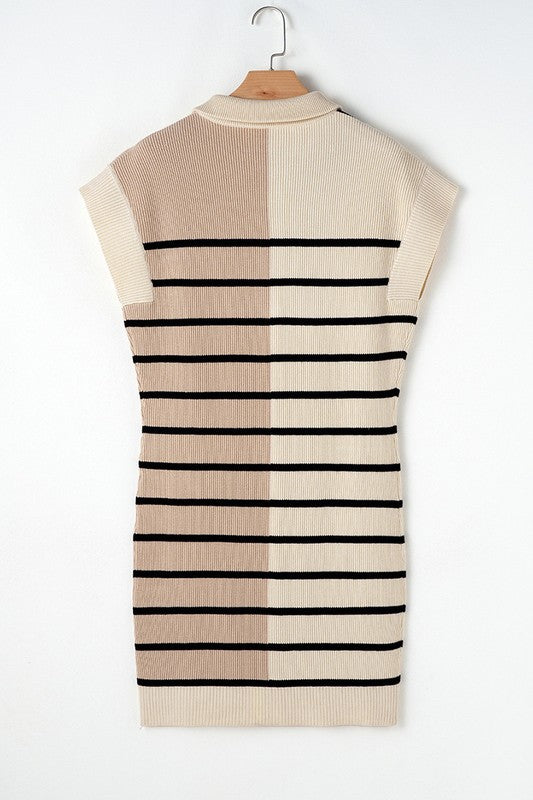 Stripe Color Block Zip Short Sleeve Sweater Dress