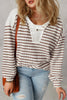 Khaki Stripe Buttoned V Neck Textured Hooded Plus Size Top