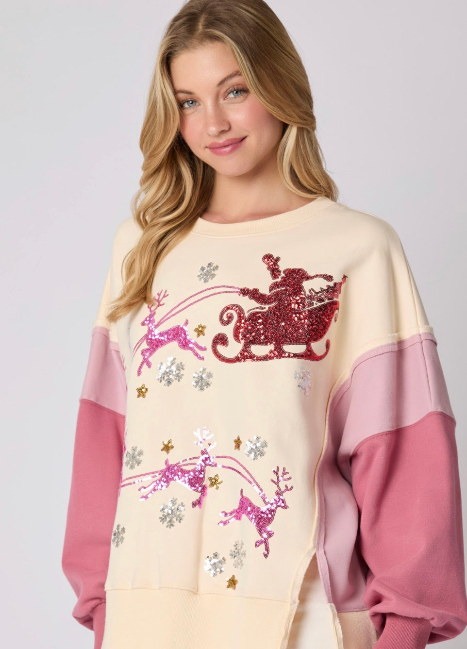 Christmas Sequins Embroidery Color Block Fleece Sweatshirt